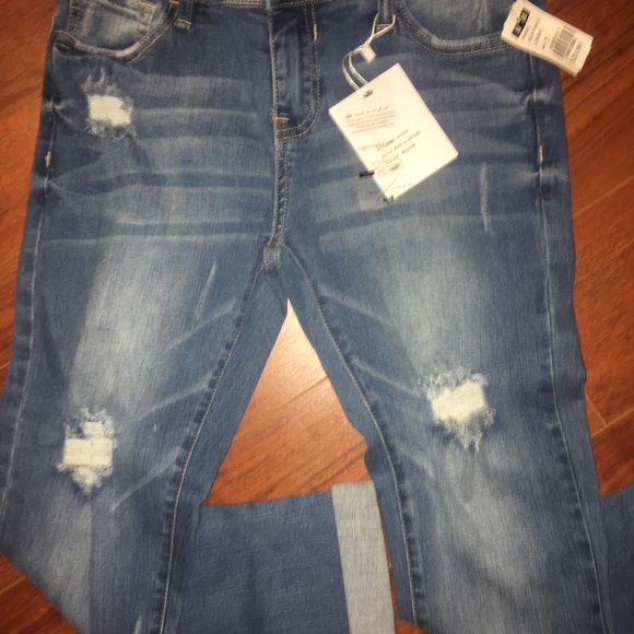 Distressed Skinny Denim Jeans Mid-Rise Calf Pants - Picture 4 of 5